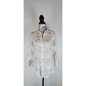 Fig & Flower Women’s White Shirt Embroidered  Button Up Top Sz S Roll Up Sleeve